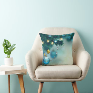Silver Gold Blue Christmas Tree Throw Pillow