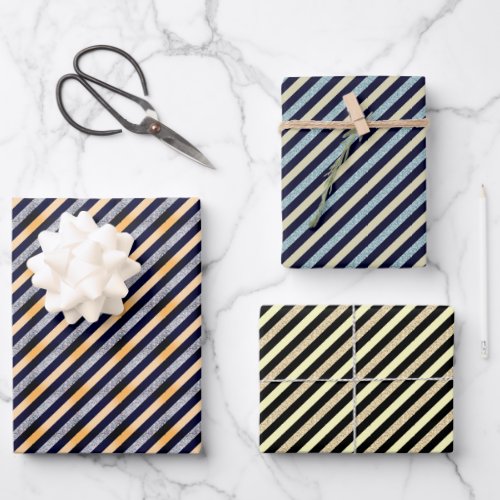 Silver Gold Blue Glitter Stripe Festive Christmas Wrapping Paper Sheets