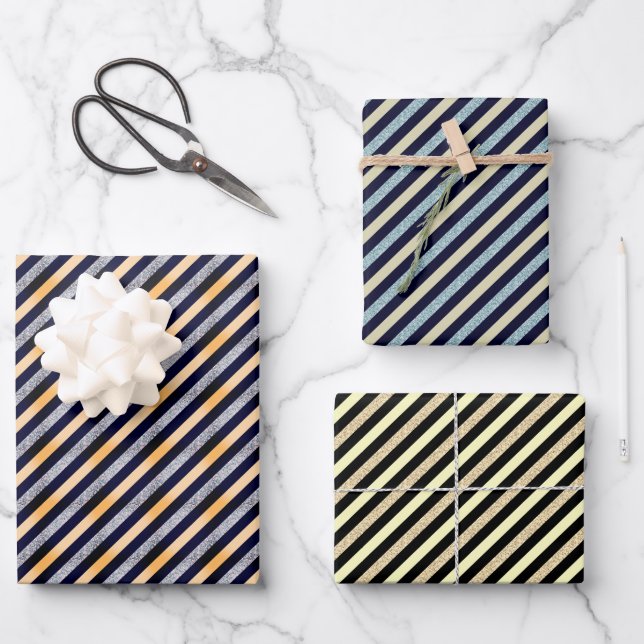 Silver, Gold Blue Glitter Stripe Festive Christmas Wrapping Paper Sheets (Front)