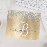 Silver Gold Brushed Metal Glitter Monogram Name Mouse Pad<br><div class="desc">Easily personalize this trendy chic mouse pad design featuring pretty silver sparkling glitter on a gold brushed metallic background.</div>