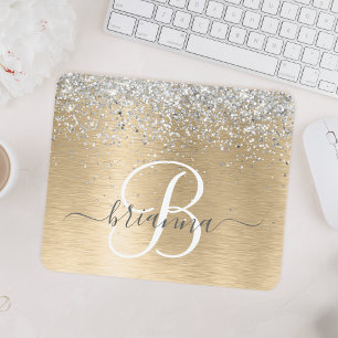 Silver Gold Brushed Metal Glitter Monogram Name Mouse Pad