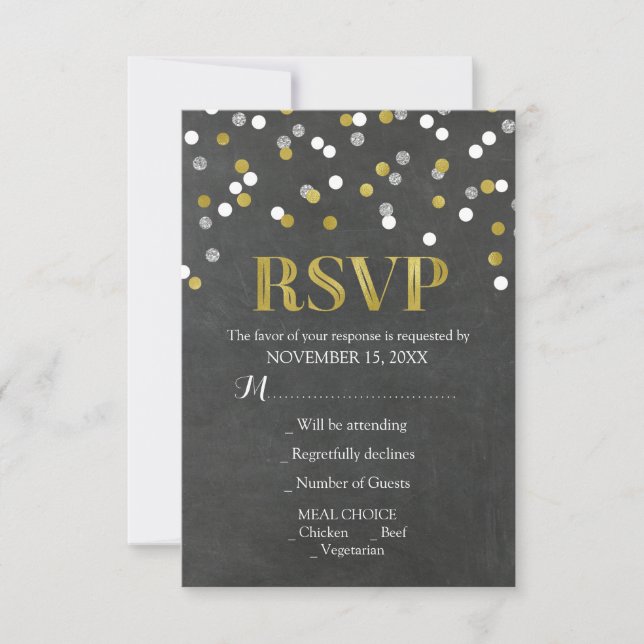 Silver Gold Chalkboard Confetti Wedding RSVP Cards (Front)
