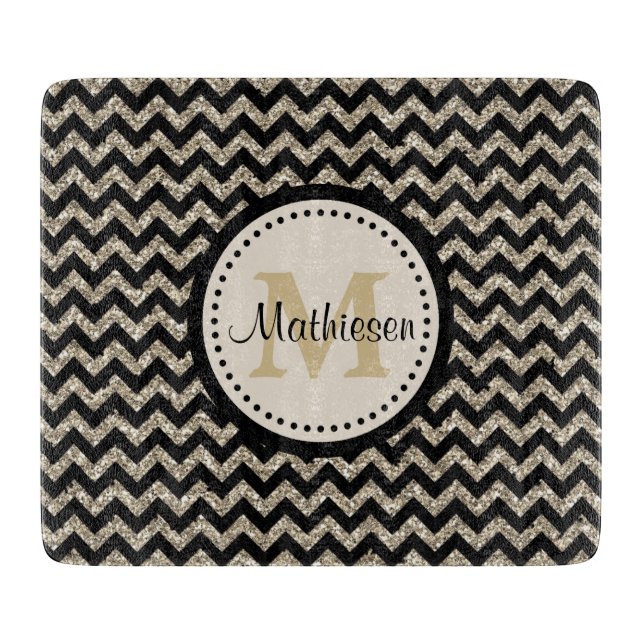 Silver Gold Chevron Faux Glitter Cutting Board (Front)