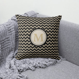 Silver Gold Chevron Glitter Monogram Throw Pillow