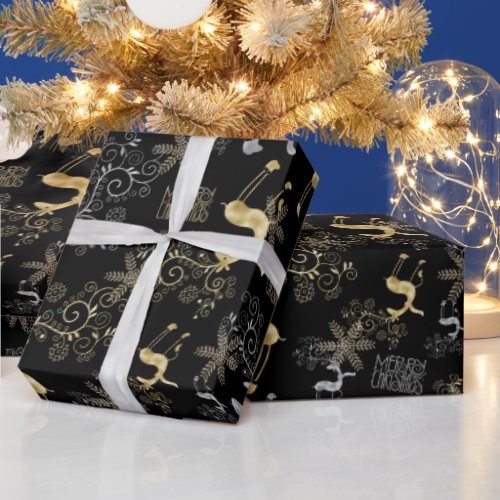 Silver  Gold Christmas Reindeer on Black Wrapping Paper