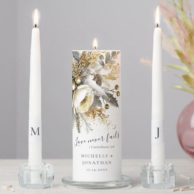 Silver Gold Christmas Winter Bible Verse Wedding Unity Candle Set (In Situ)