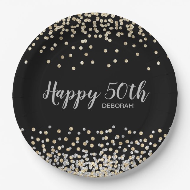 Silver Gold Confetti 50th Birthday Party Paper Plates (Front)