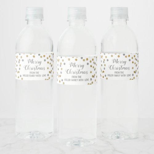Silver Gold Confetti Custom Merry Christmas Water Bottle Label
