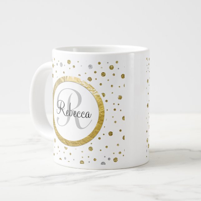 Silver/Gold Confetti Monogram Large Coffee Mug (Front Left)