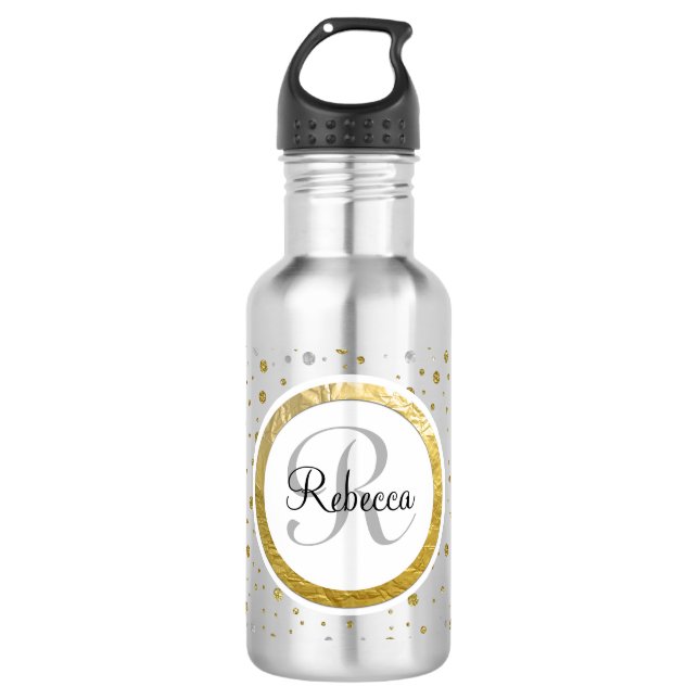 Silver/Gold Confetti Monogram Water Bottle (Front)