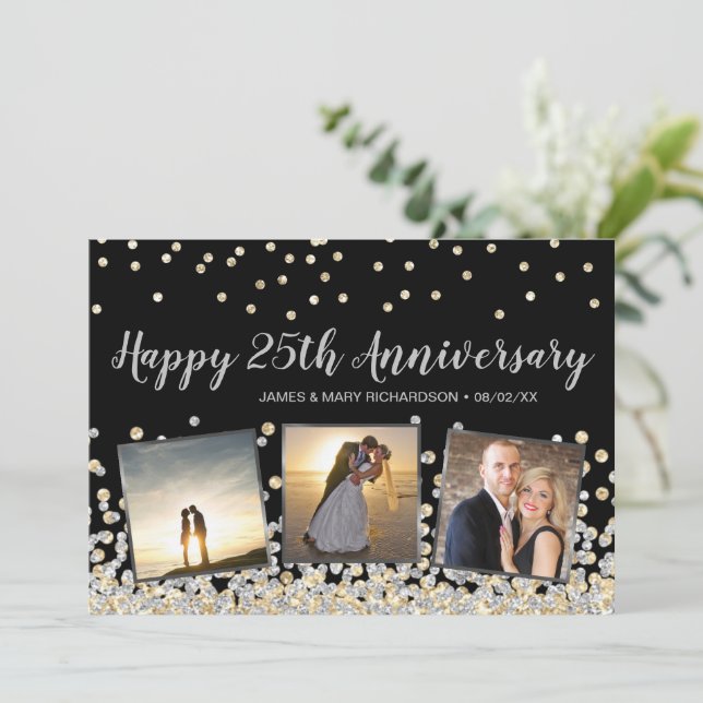 Silver Gold Confetti Photo 25th Anniversary Card (Standing Front)