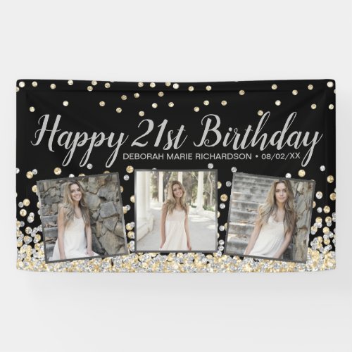 Silver Gold Confetti Photo Collage 21st Birthday Banner