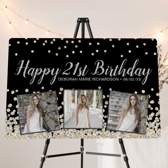 Silver Gold Confetti Photo Collage 21st Birthday Foam Board (In Situ (Stand))