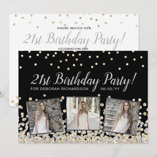 Silver Gold Confetti Photo Collage 21st Birthday Invitation (Front/Back)
