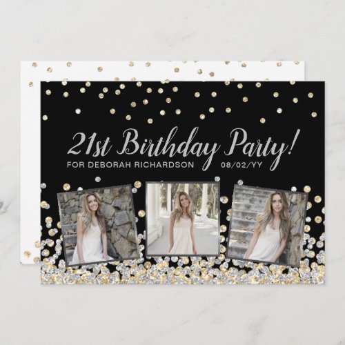 Silver Gold Confetti Photo Collage 21st Birthday Invitation