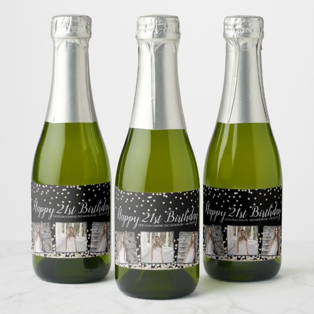 Silver Gold Confetti Photo Collage 21st Birthday Sparkling Wine Label (Bottles)