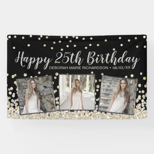 Silver Gold Confetti Photo Collage 25th Birthday Banner