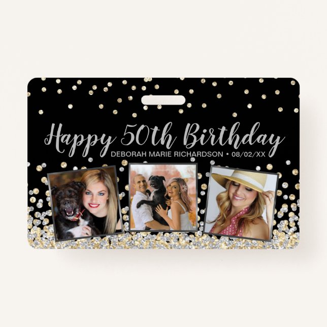 Silver Gold Confetti Photo Collage 50th Birthday Badge (Front)