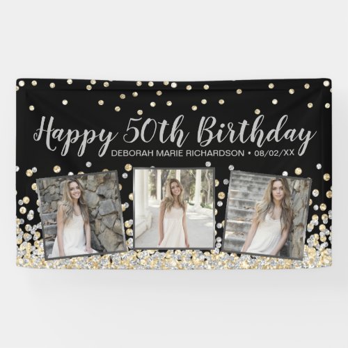 Silver Gold Confetti Photo Collage 50th Birthday Banner