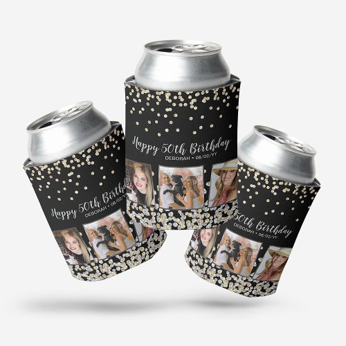 Silver Gold Confetti Photo Collage 50th Birthday Can Cooler