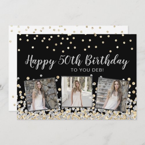 Silver Gold Confetti Photo Collage 50th Birthday Card