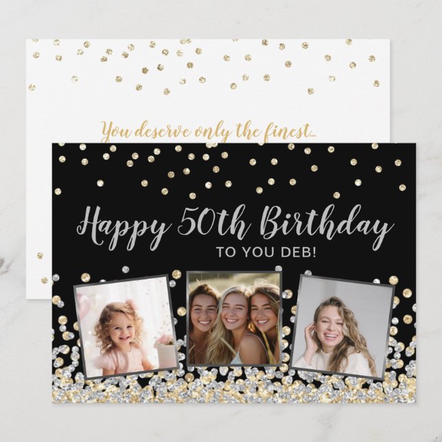 Silver Gold Confetti Photo Collage 50th Birthday Card (Front/Back)