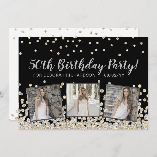 Silver Gold Confetti Photo Collage 50th Birthday Invitation