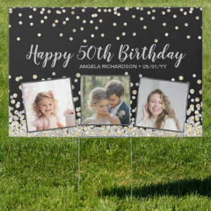 Silver Gold Confetti Photo Collage 50th Birthday Sign