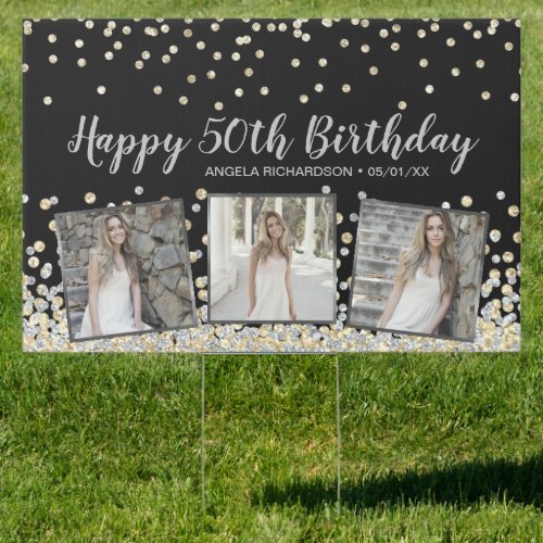 Silver Gold Confetti Photo Collage 50th Birthday Sign