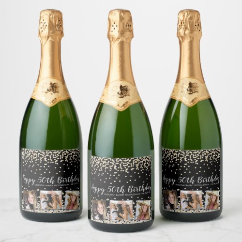 Silver Gold Confetti Photo Collage 50th Birthday Sparkling Wine Label