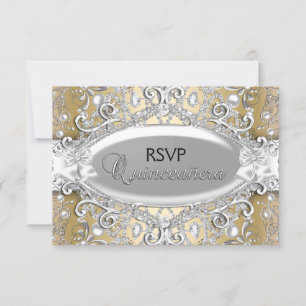 Silver & Gold Damask Pearl Quinceanera RSVP Card