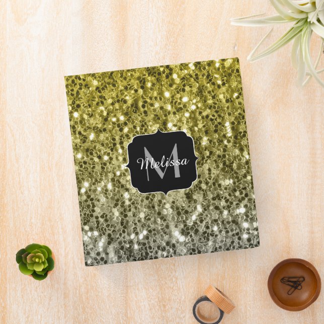 Silver gold dark sparkles glitter ombre Monogram 3 Ring Binder (In Situ)