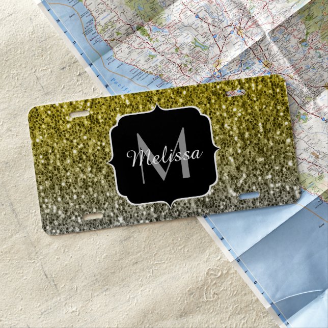 Silver gold dark sparkles glitter ombre Monogram License Plate (In Situ)