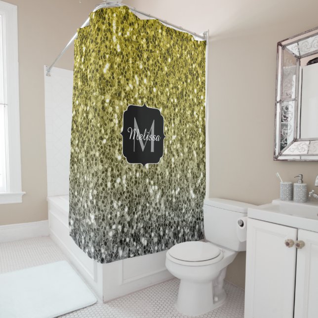 Silver gold dark sparkles glitter ombre Monogram Shower Curtain (In Situ)