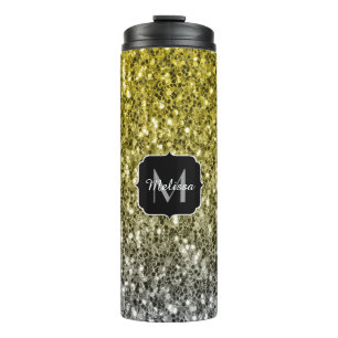 Silver gold dark sparkles glitter ombre Monogram Thermal Tumbler