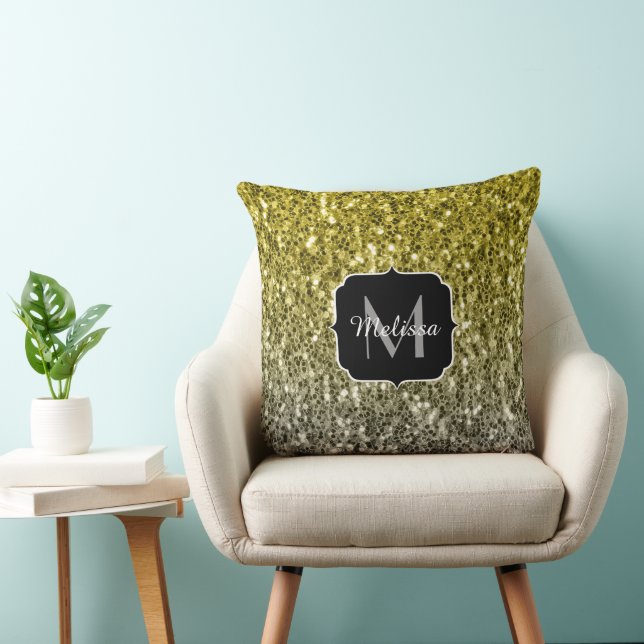 Silver gold dark sparkles glitter ombre Monogram Throw Pillow (Chair)