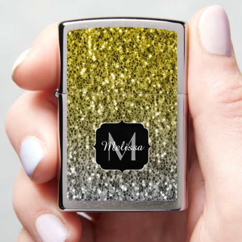 Silver gold dark sparkles glitter ombre Monogram Zippo Lighter