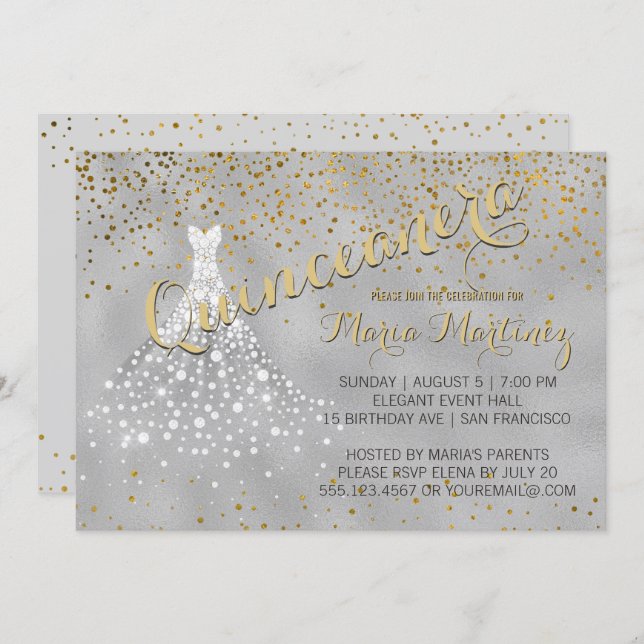 Silver Gold Diamond Dress Quinceanera Invitation (Front/Back)