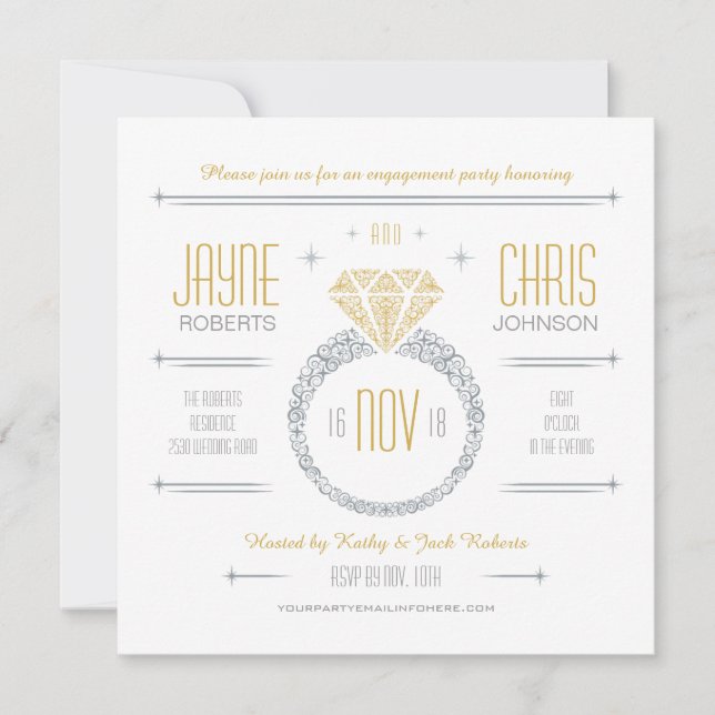 Silver & Gold Engagement Ring Party Invitation (Front)