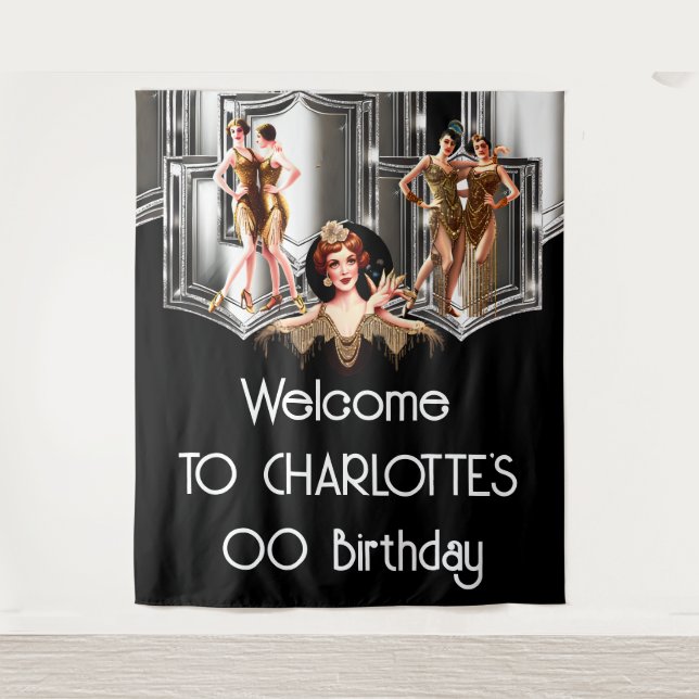 Silver gold flapper girls roaring 20's Gatsby blac Tapestry (Front)