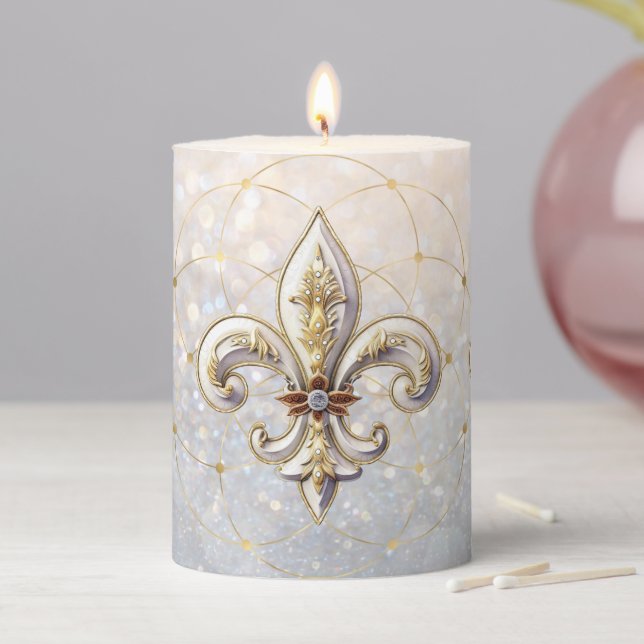 Silver & Gold Fleur de Lis Pillar Candle (In Situ)