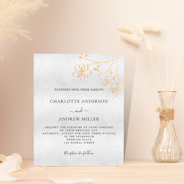 Silver gold floral budget wedding invitation (Creator Uploaded)