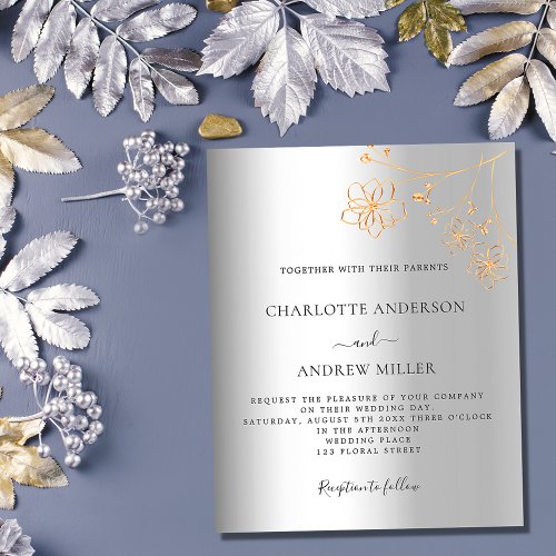 Silver gold floral budget wedding invitation