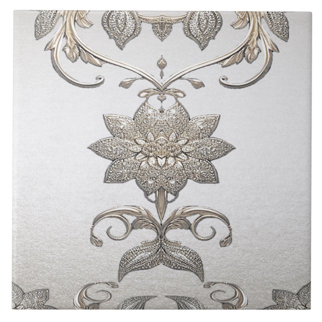 Silver Gold Floral Ceramic Tile (Front)
