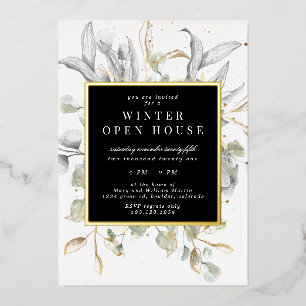 Silver Gold Floral Elegant Square Open House Foil Invitation