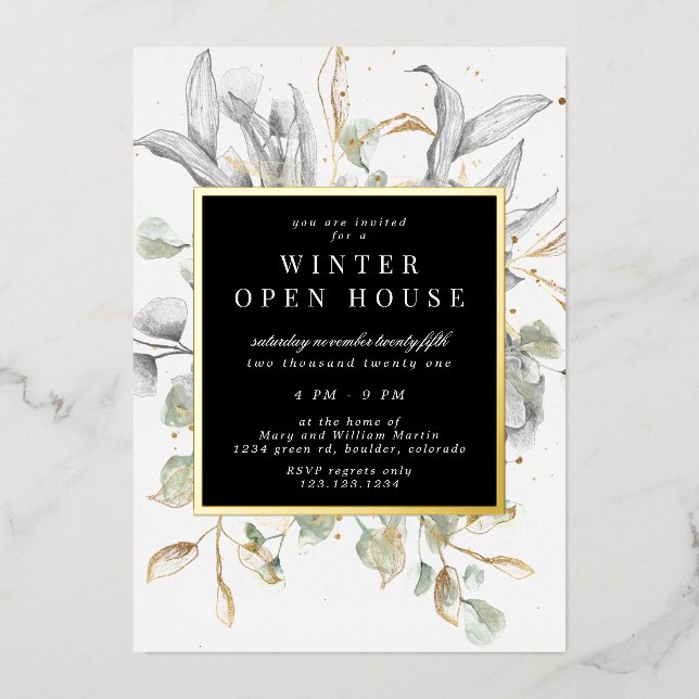 Silver Gold Floral Elegant Square Open House Foil Invitation (Front)