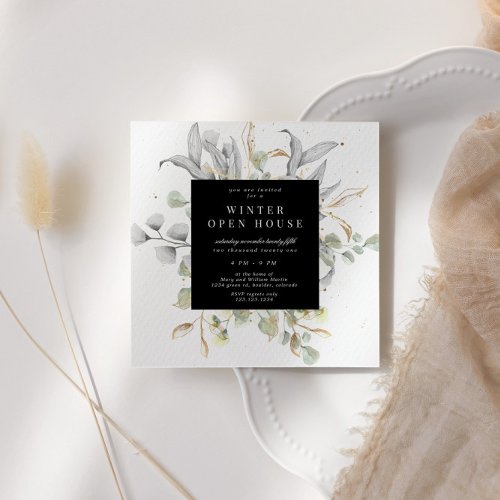 Silver Gold Floral Elegant Square Open House Invitation