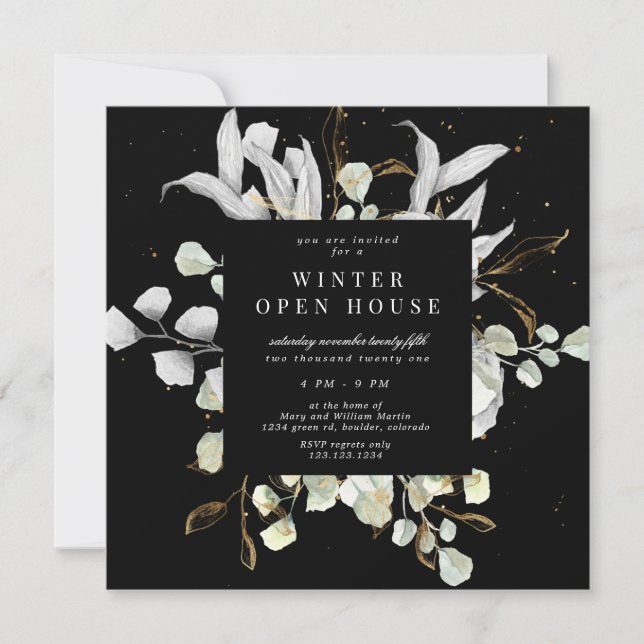 silver gold floral elegant square open house invitation (Front)