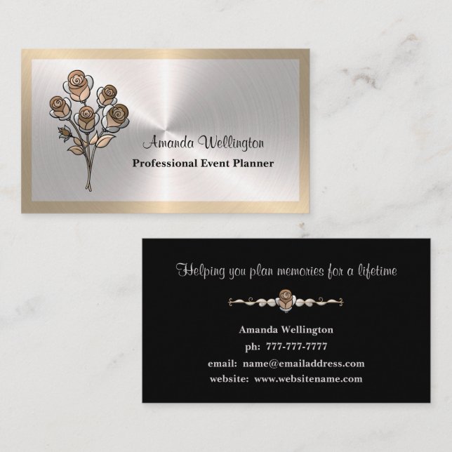 Silver & Gold Floral Event Planner Business Card (Front/Back)