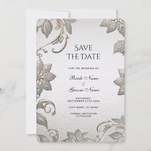 Silver Gold Floral Save The Date (Front)